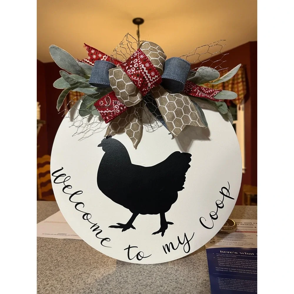 Handmade Welcome To My Coop Door Hanger Chicken Farmhouse Sign Bow 14
